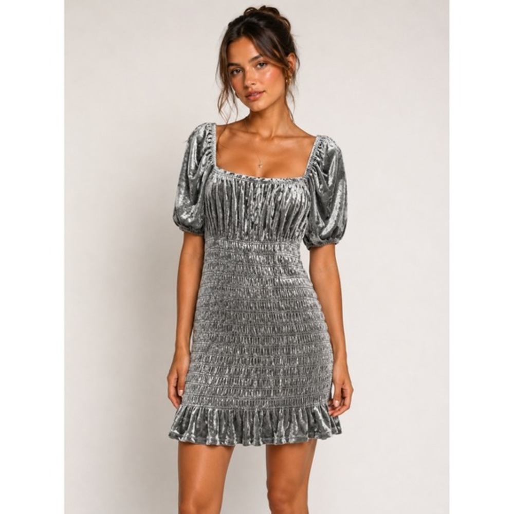 H&M Divided Y2K Smocked Velvet Empire Waist Dress‎ Women M Gray Puff Sleeve NWT